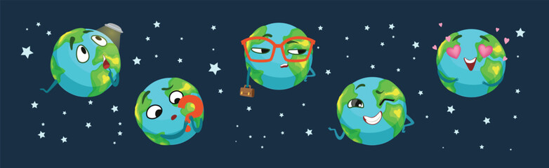 Fototapeta premium Funny Planet Character Showing Different Emotion Vector Set