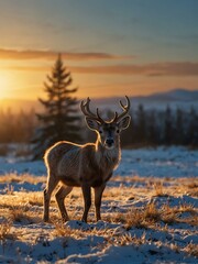 Obraz premium Illustration of a baby reindeer in a bright snowy field at golden hour.