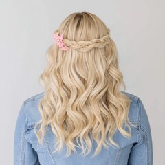 Naklejka premium A woman with wavy blonde hair styled with a braid and pink accessory.