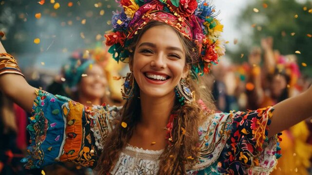 Participants enjoy a festive celebration adorned in colorful attire, surrounded by music, laughter, and joyful expressions