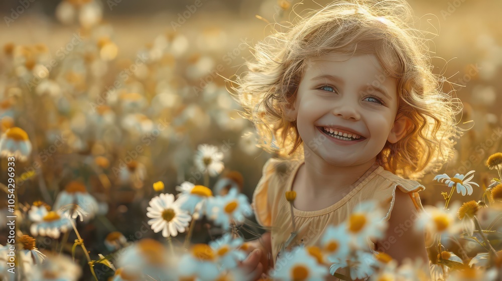 Wall mural a girl with a joyful smile, running through a field of wildflowers