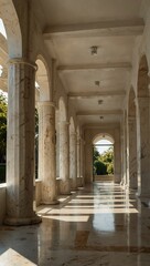 Long white hallway with marble pillars and warm sunlight.