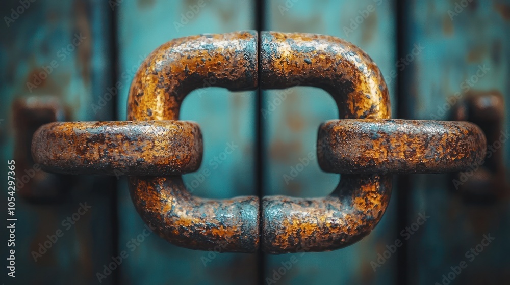 Poster close-up of a rusty chain link against a blue background
