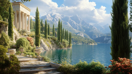 Idyllic Mediterranean Landscape with Ancient Greek Temple by Serene Lake and Mountains