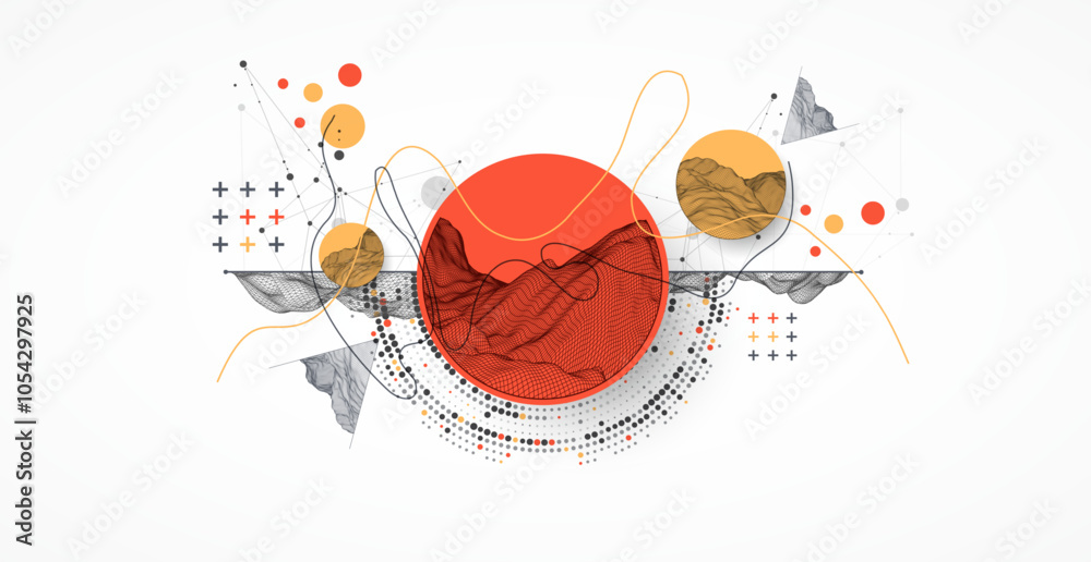 Aufkleber The abstract wave is made in a frame style with half tone element. Template for science and technology presentation. Hand drawn vector art.