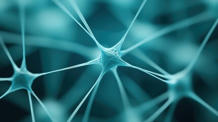 Close up of a blue and green brain with many strands of nerve cells. Concept of complexity and interconnectedness, as the nerve cells are intricately woven together