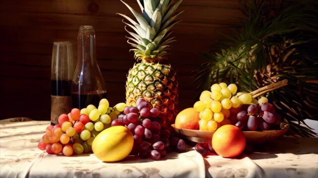 Pineapple, grapes, lemon and other fruits on wooden table