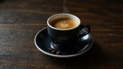 Fototapeta premium Morning coffee ritual with a cup on a dark wooden surface.