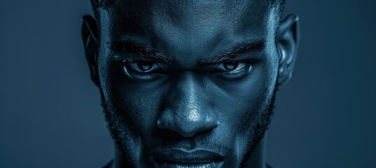 Intense Portrait of a Young Man on Dark Blue Background Reflecting Determination and Strength