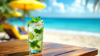 Mojito cocktail on a sunny tropical beach
