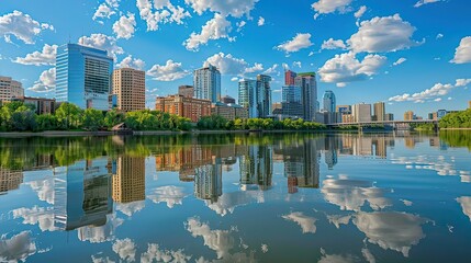 Fototapeta premium Reflections of skyscrapers in a calm river during the day.