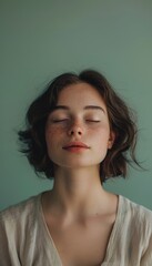 Fototapeta premium Tranquil Portrait of a Young Woman Against Soft Pastel Green Background