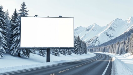 White billboard near the road with mountain winter view, clean and minimalist design, large and empty, ready for custom text or graphics. horizontal advertisement mockup