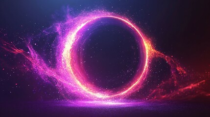 Obraz premium Abstract neon energy sphere of particles and waves of magical glowing on a dark background, circle and loop frames with magic purple and pink flame and sparks