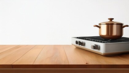 Copper pot on a modern stovetop with wooden countertop, white isolated background.