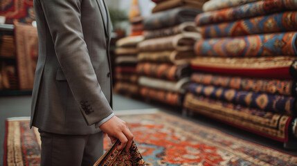 Professional examining luxury carpets in a store.