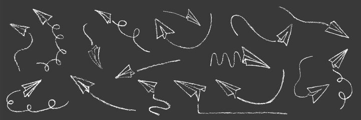 Hand drawing crayon paper airplanes set. Vector stock illustration isolated on black chalkboard background for design template business or education presentation, information banner, advertising sign.