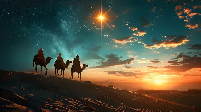 A bright star guiding the magi across the desert as they carry gifts for baby Jesus, calm and mystical atmosphere