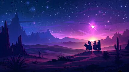 Naklejka premium A radiant star leading the way as the wise men journey through the desert with gifts for baby Jesus, mystical night scene