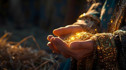 Fototapeta premium Close-up of the gifts: gold, frankincense, and myrrh in the hands of the wise men, glowing softly in the light of the manger