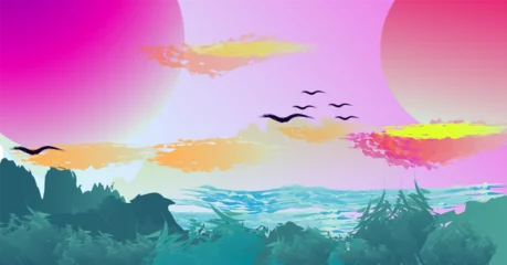 Fototapeten Lila abstract landscape with a mountain with a planet  © Background.cc