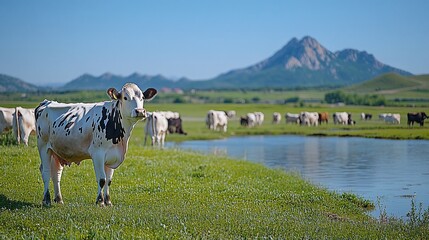 A black and white cow stands in a grassy field by a pond, with a herd of cattle in the background, under a clear blue sky with a mountain range in the distance.
