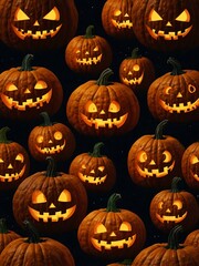 Spooky smiling pumpkins on Halloween night.