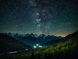 Starry night over mountain peaks.