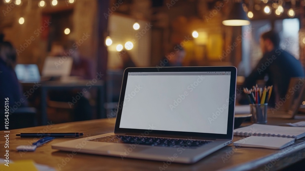 Poster a laptop sits on a rustic wooden table in a modern cafe, surrounded by warm lights. people engage in