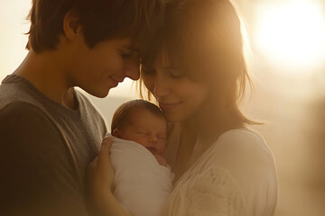 The heartwarming image shows a young couple, a man and a woman, embracing their newborn baby in their arms with love and tendernes