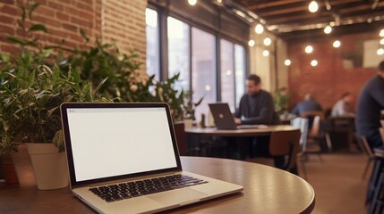 Fototapeta premium A workspace filled with lush green plants and individuals focused on their laptops. The warm atmosphere features exposed brick walls and soft lighting, creating an inviting ambiance for productivity.