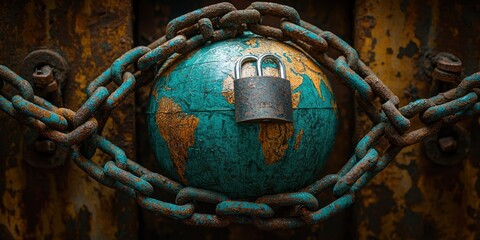 Fototapeta premium A Rusty Chain Encircles a Globe, Symbolizing Global Constraint