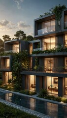 Fototapeta premium Ultra-modern homes with integrated smart city features and nature-friendly designs.