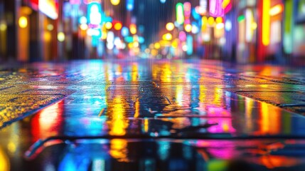 A rainy city street at night with colorful reflections of neon lights on the wet pavement.