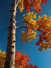 Fototapeta premium Vibrant autumn tree against a blue sky with colorful foliage.