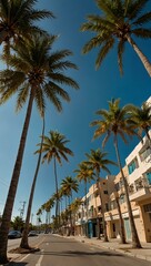 Obraz premium Video of a street lined with palm trees under a blue sky.