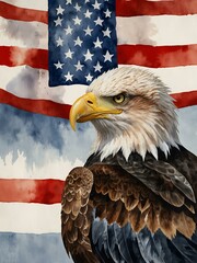 Naklejka premium Watercolor painting of a Bald Eagle with the American flag.