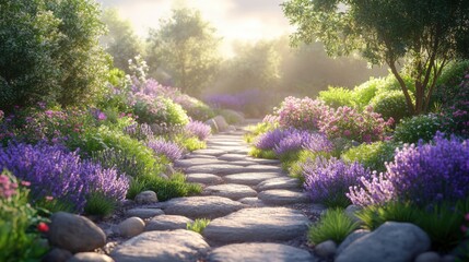 Obraz premium A Stunning Garden Scene Featuring Vibrant Blooming Lavender Surrounded by Lush Greenery for Tranquil Outdoor Settings