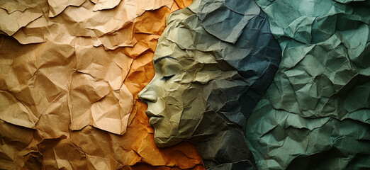 Abstract artwork of face formed from layered, crumpled paper in earthy tones, blending shades of green, brown, and orange for a textured effect.
