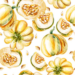 Watercolor seamless pattern with sweet pumpkin vegetable.