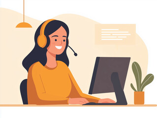 Smiling Customer Service Representative with Headset Working on Computer Illustration
