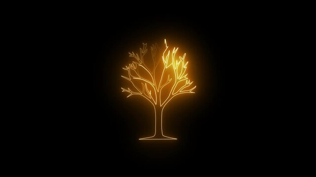 Neon Glowing Outline Tree Animation, Tree symbol, gold color tree icon on Black Background.