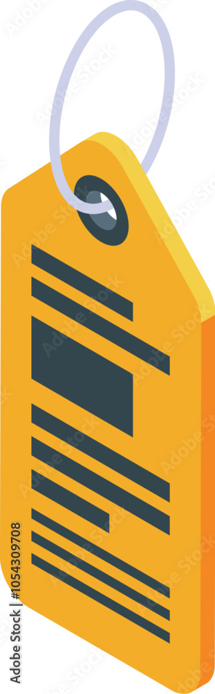 Poster yellow rectangular tag with lines of text and a string attached, in isometric view