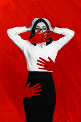 Vertical photo collage of scared girl hands close mouth harassment bullying violence problem...