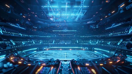 Obraz premium Empty futuristic cyber stadium with glowing blue lights and digital effects hosting a virtual game championship, creating an immersive atmosphere of advanced technology and competition