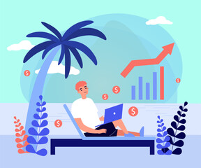 Fototapeta premium Man with laptop earning money passively vector illustration. Cartoon drawing of man with financial freedom and growth, success and investment. Passive income, finances, investment concept