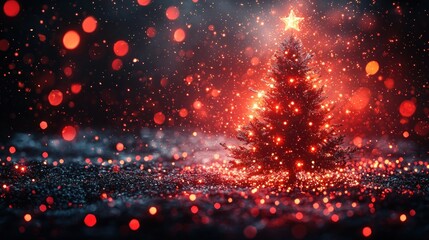 Fototapeta premium A Lit Christmas Tree with Red Bokeh Lights and Glitter