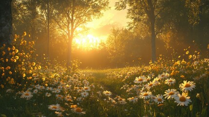 Obraz premium Stunning Golden Hour Over a Meadow Filled with Vibrant Wildflowers, Perfect for Nature and Outdoors Themes