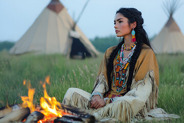 A young Native American woman in traditional attire sitting by a campfire near teepees at dusk