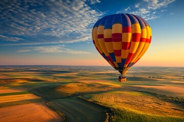 Obraz premium Vibrant Hot Air Balloon Soaring Over Picturesque Countryside Landscape